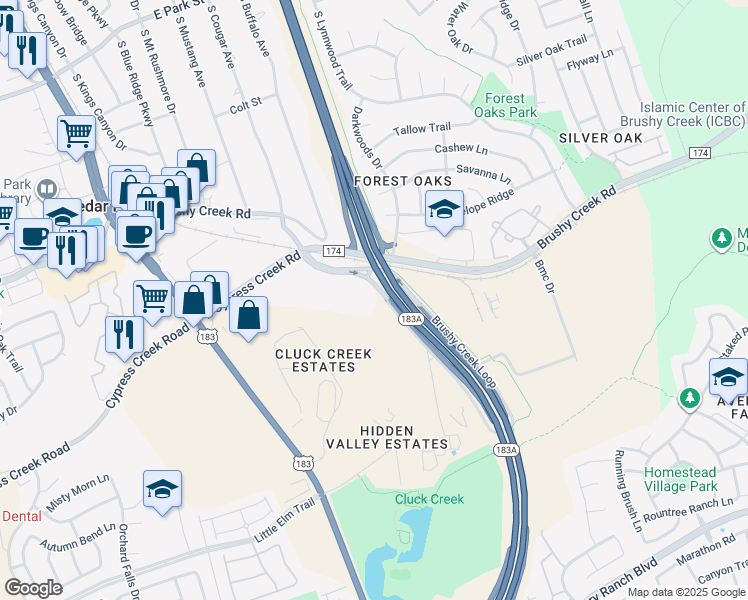 map of restaurants, bars, coffee shops, grocery stores, and more near 1199 North Kent Lane in Cedar Park