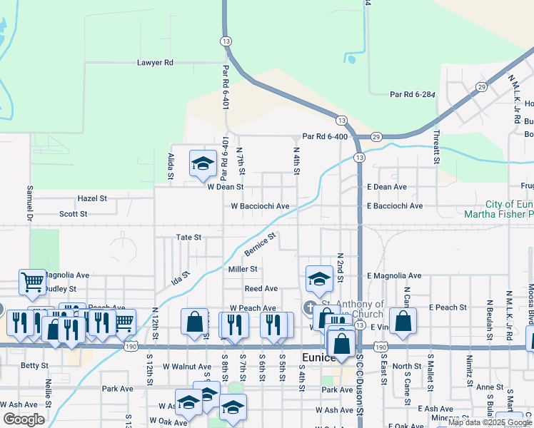 map of restaurants, bars, coffee shops, grocery stores, and more near 900-998 North 6th Street in Eunice