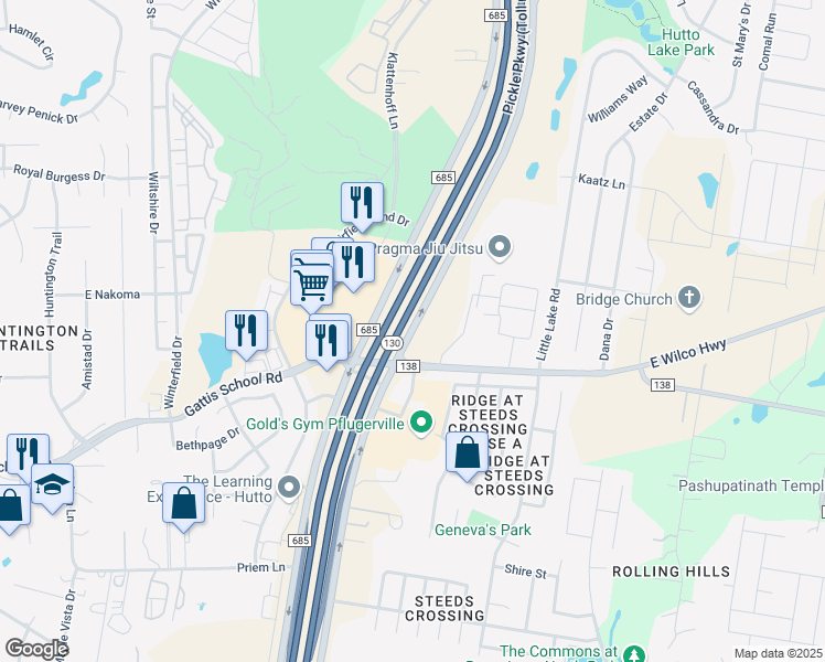 map of restaurants, bars, coffee shops, grocery stores, and more near 2687 Farm to Market 685 in Hutto