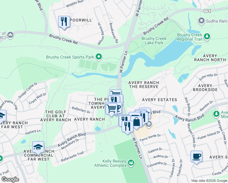 map of restaurants, bars, coffee shops, grocery stores, and more near 14812 Avery Ranch Boulevard in Austin