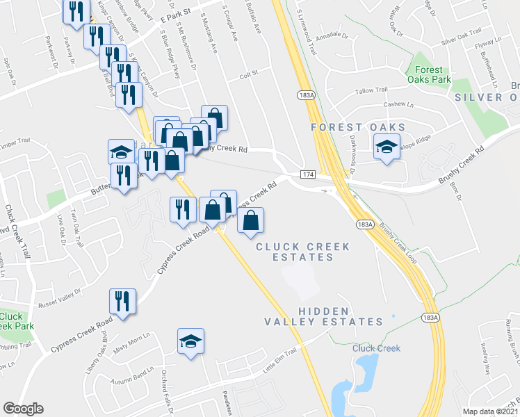 map of restaurants, bars, coffee shops, grocery stores, and more near 400 East Cypress Creek Road in Cedar Park