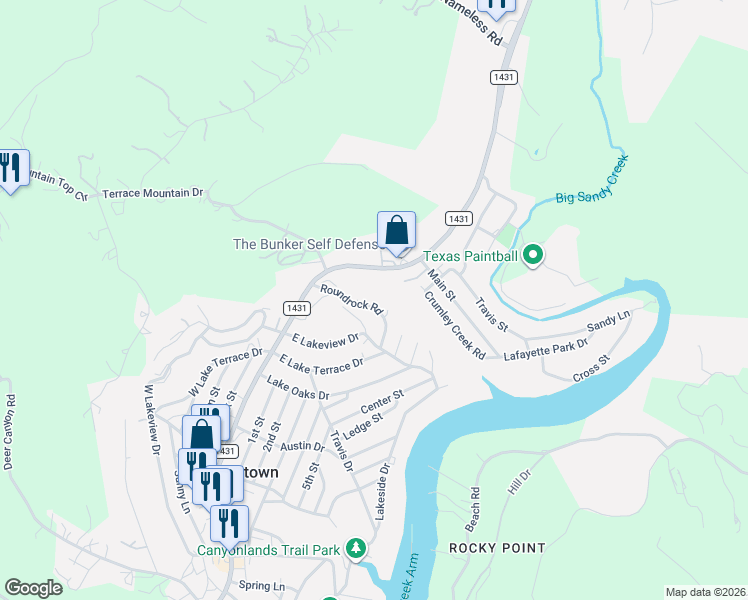 map of restaurants, bars, coffee shops, grocery stores, and more near 11605 Main Street in Jonestown