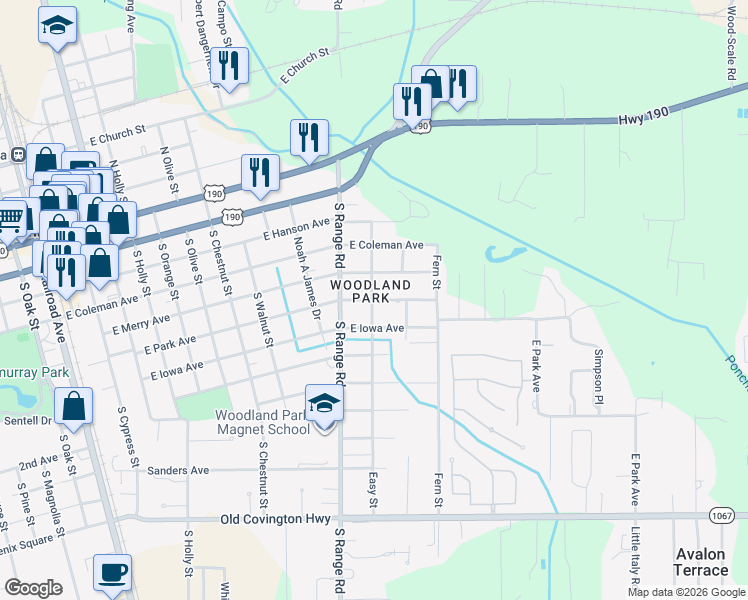 map of restaurants, bars, coffee shops, grocery stores, and more near 1679 East Park Avenue in Hammond