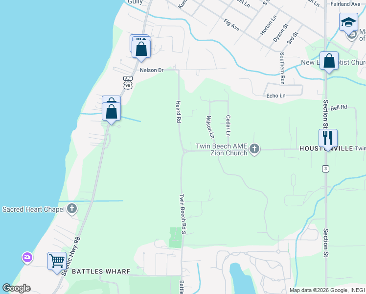 map of restaurants, bars, coffee shops, grocery stores, and more near 19004 Heard Road in Fairhope
