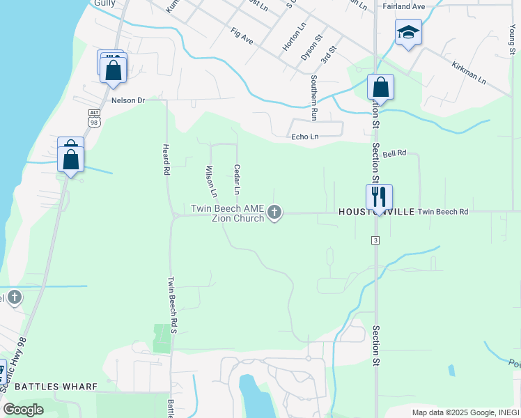 map of restaurants, bars, coffee shops, grocery stores, and more near 19060 Cedar Lane in Fairhope