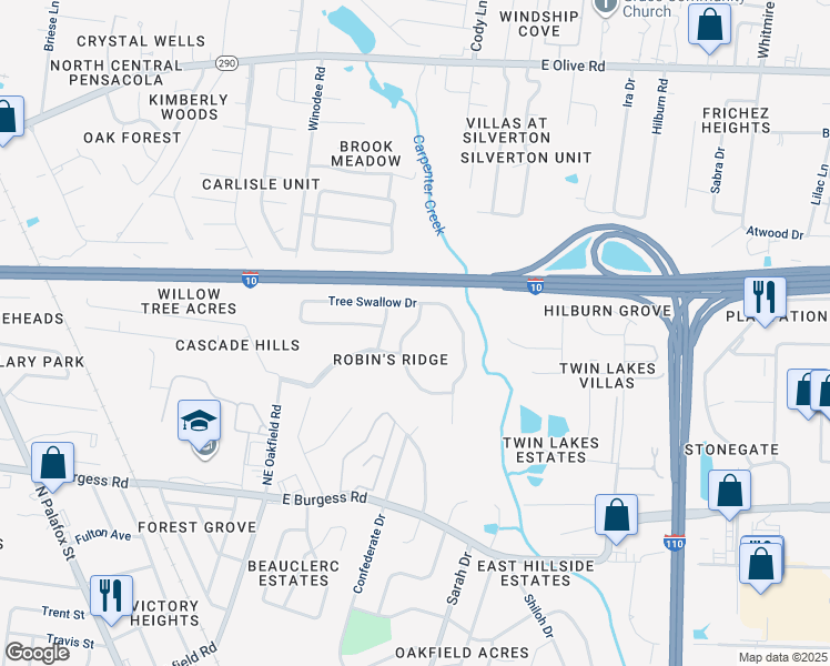 map of restaurants, bars, coffee shops, grocery stores, and more near 6368-6372 Parakeet Trail in Pensacola