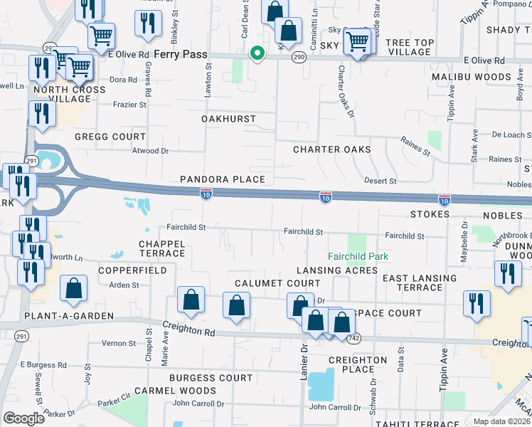 map of restaurants, bars, coffee shops, grocery stores, and more near 7355 Kipling Street in Pensacola