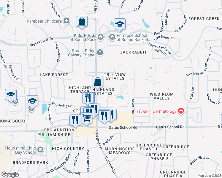 map of restaurants, bars, coffee shops, grocery stores, and more near 313-315 Highland Estates Drive in Round Rock