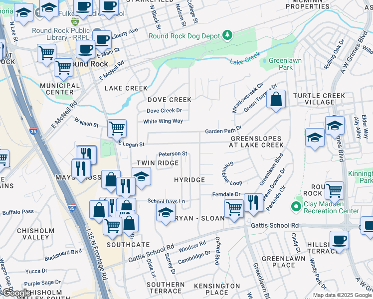map of restaurants, bars, coffee shops, grocery stores, and more near 602 East Logan Street in Round Rock