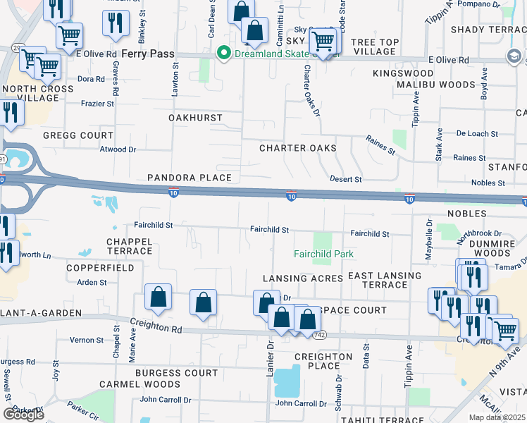 map of restaurants, bars, coffee shops, grocery stores, and more near 7451 Lanier Drive in Pensacola