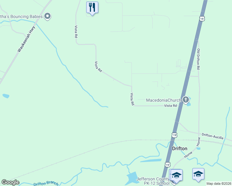 map of restaurants, bars, coffee shops, grocery stores, and more near 621 Vista Road in Monticello