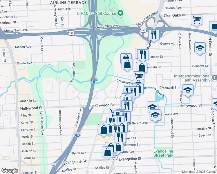 map of restaurants, bars, coffee shops, grocery stores, and more near 3340 Greenwell Street in Baton Rouge
