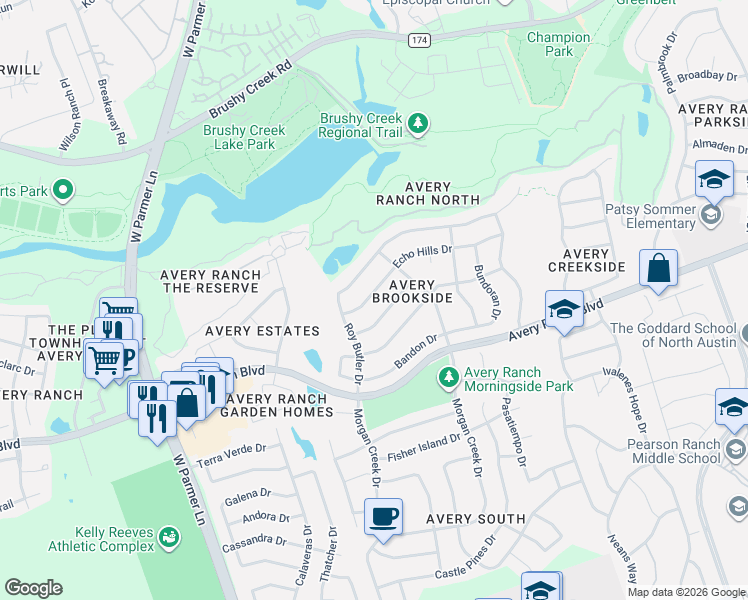 map of restaurants, bars, coffee shops, grocery stores, and more near 10513 Roy Butler Drive in Austin