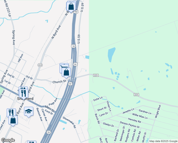 map of restaurants, bars, coffee shops, grocery stores, and more near 197 Farm to Market 223 in Shepherd
