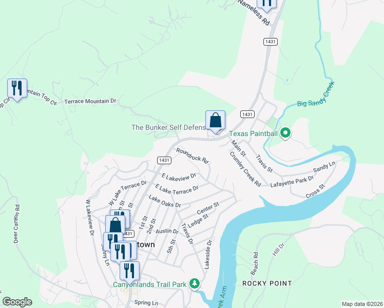 map of restaurants, bars, coffee shops, grocery stores, and more near 18417 Ranch Road 1431 in Jonestown