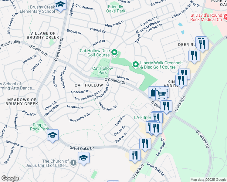 map of restaurants, bars, coffee shops, grocery stores, and more near 16808 Luckenwald Drive in Round Rock