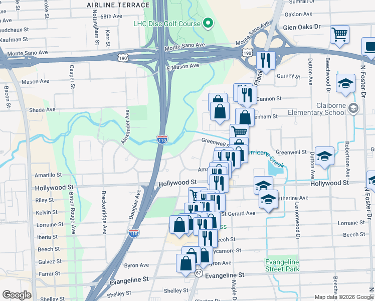map of restaurants, bars, coffee shops, grocery stores, and more near 3340 Greenwell Street in Baton Rouge