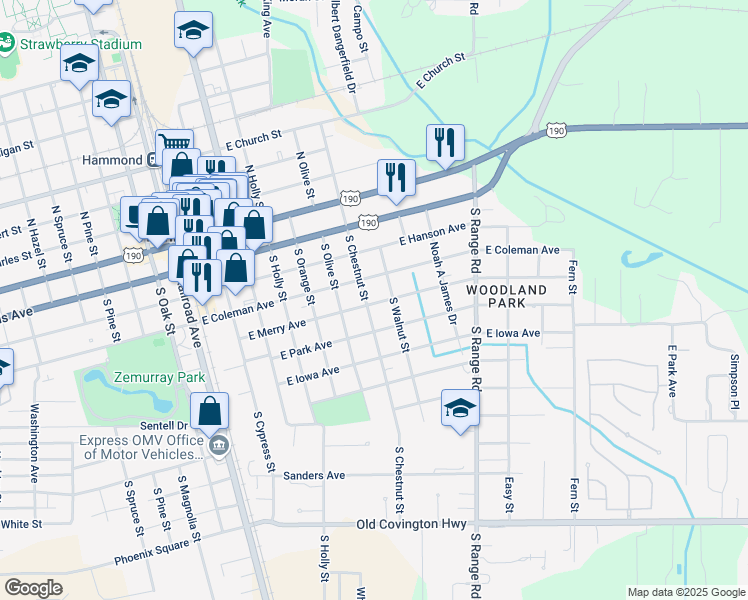map of restaurants, bars, coffee shops, grocery stores, and more near 405 South Chestnut Street in Hammond