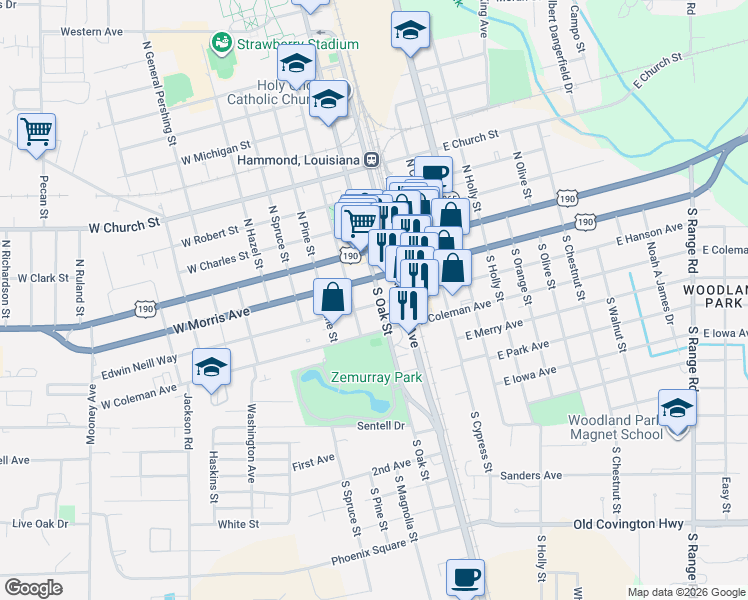 map of restaurants, bars, coffee shops, grocery stores, and more near 200 South Oak Street in Hammond