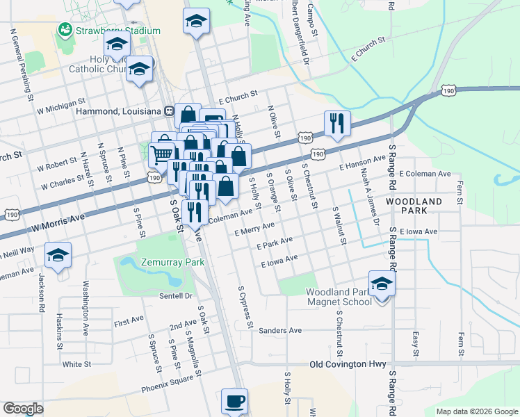 map of restaurants, bars, coffee shops, grocery stores, and more near 407 East Coleman Avenue in Hammond
