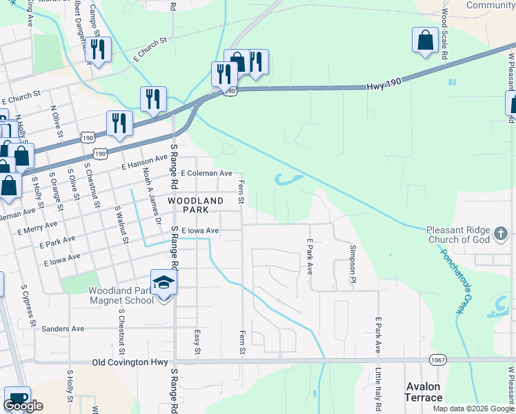 map of restaurants, bars, coffee shops, grocery stores, and more near 17203 East Park Avenue in Hammond