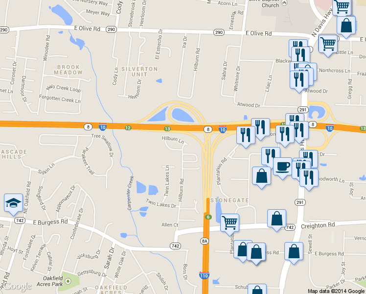 map of restaurants, bars, coffee shops, grocery stores, and more near 443 Hilburn Lane in Pensacola