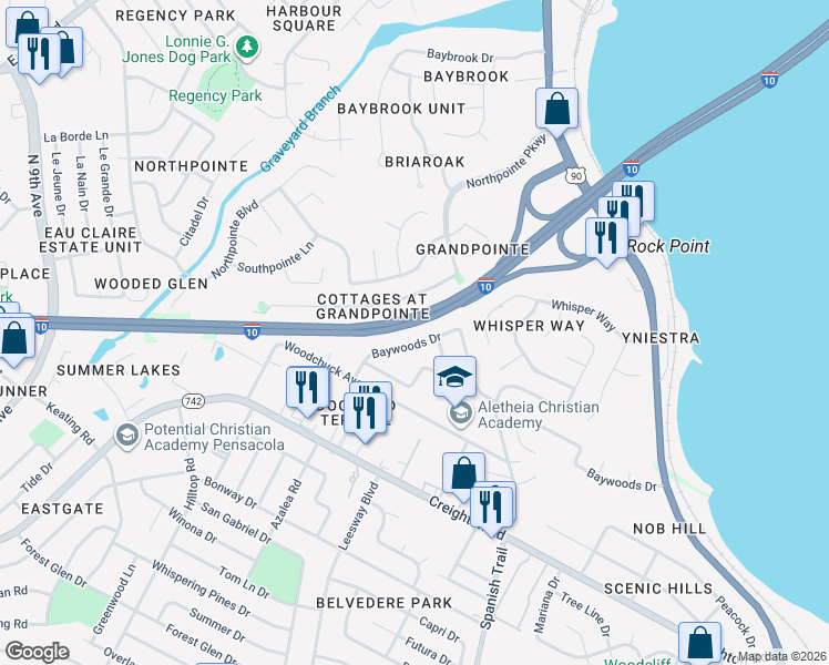 map of restaurants, bars, coffee shops, grocery stores, and more near 4100 Baywoods Drive in Pensacola