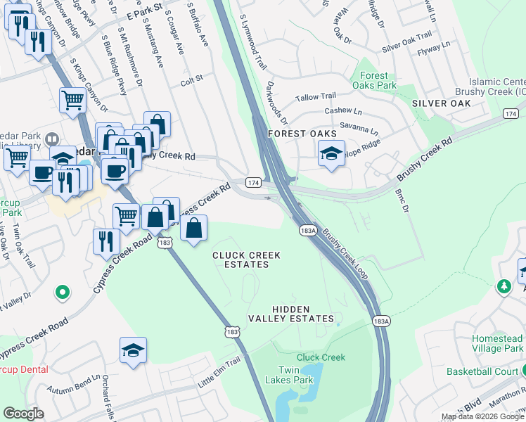 map of restaurants, bars, coffee shops, grocery stores, and more near 400 East Cypress Creek Road in Cedar Park