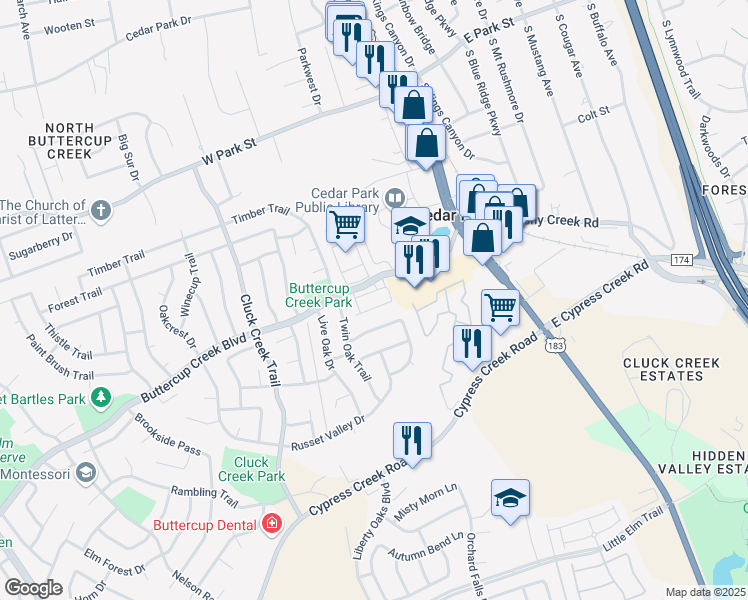 map of restaurants, bars, coffee shops, grocery stores, and more near 404 Buttercup Creek Boulevard in Cedar Park