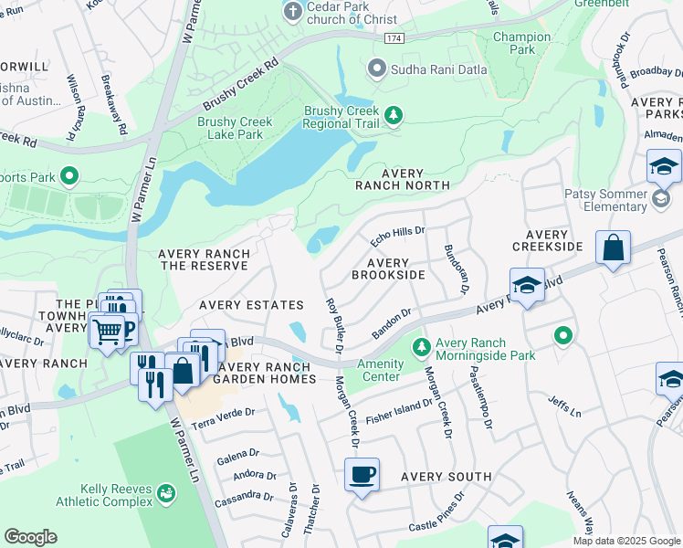 map of restaurants, bars, coffee shops, grocery stores, and more near 10513 Roy Butler Drive in Austin
