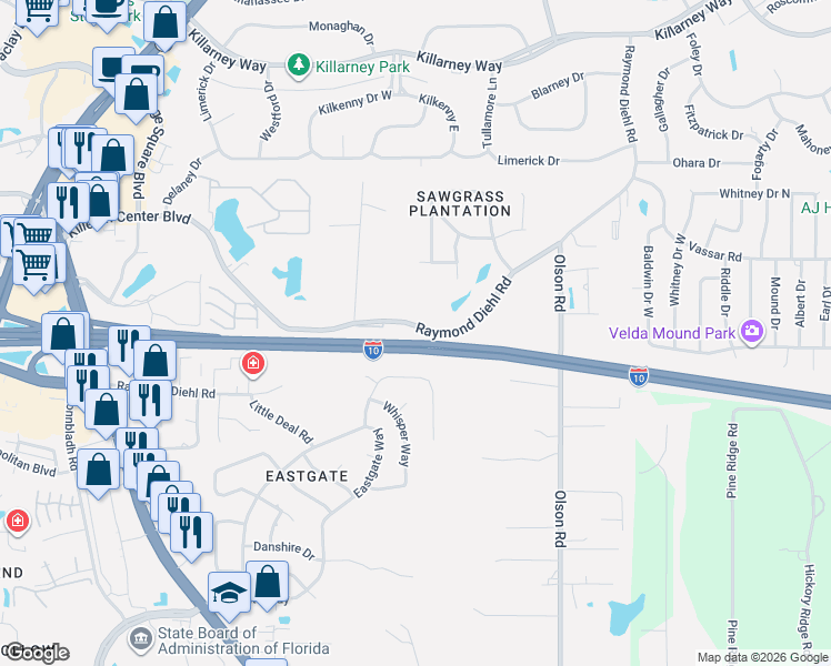 map of restaurants, bars, coffee shops, grocery stores, and more near 2487 Raymond Diehl Road in Tallahassee