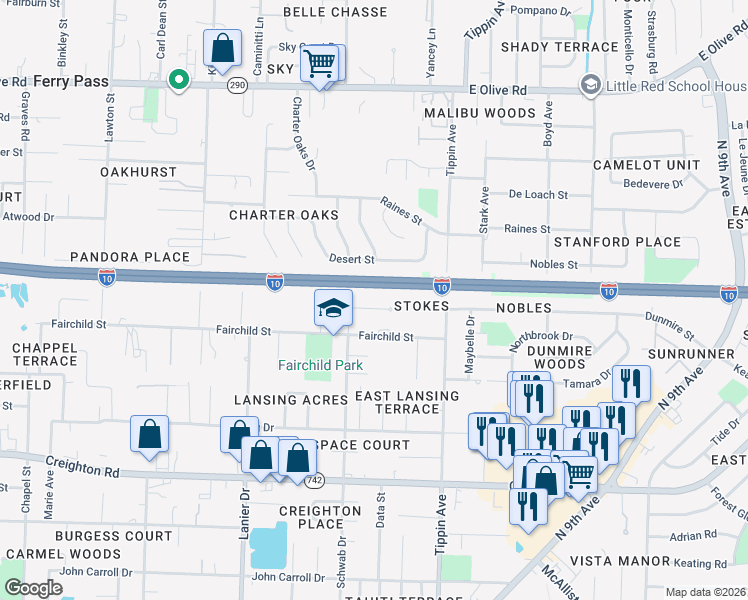 map of restaurants, bars, coffee shops, grocery stores, and more near 2110 University Street in Pensacola