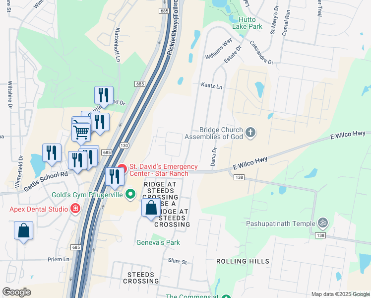 map of restaurants, bars, coffee shops, grocery stores, and more near 281 County Road 138 in Hutto