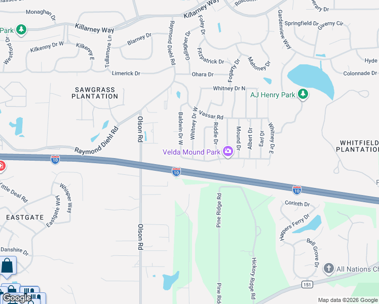 map of restaurants, bars, coffee shops, grocery stores, and more near 3213 Baldwin Drive South in Tallahassee