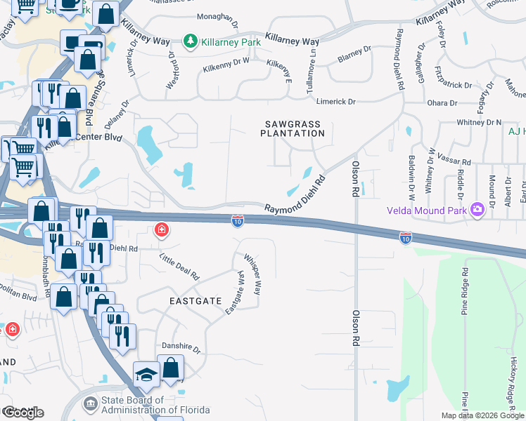 map of restaurants, bars, coffee shops, grocery stores, and more near 2487 Raymond Diehl Road in Tallahassee