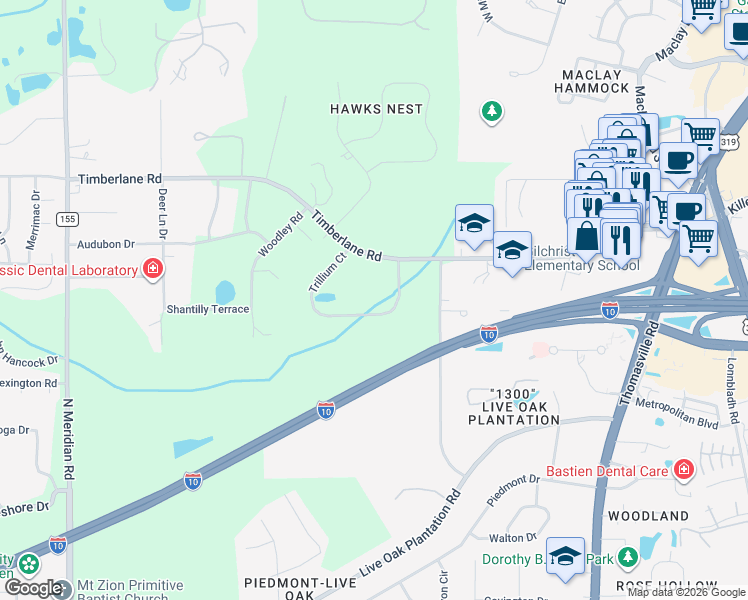 map of restaurants, bars, coffee shops, grocery stores, and more near 3545 Trillium Court in Tallahassee