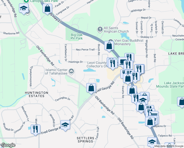 map of restaurants, bars, coffee shops, grocery stores, and more near 2652 Fenwood Court in Tallahassee