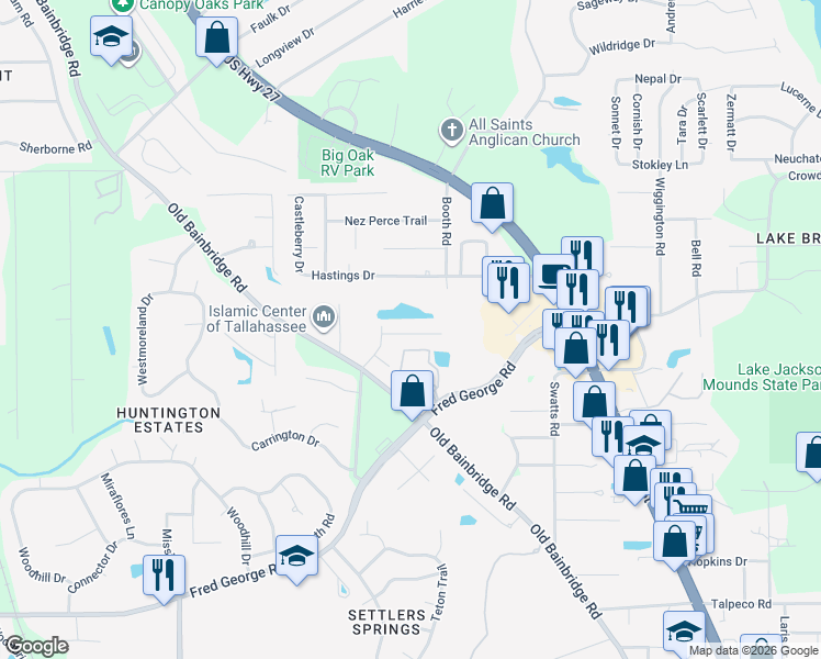 map of restaurants, bars, coffee shops, grocery stores, and more near 2652 Fenwood Court in Tallahassee