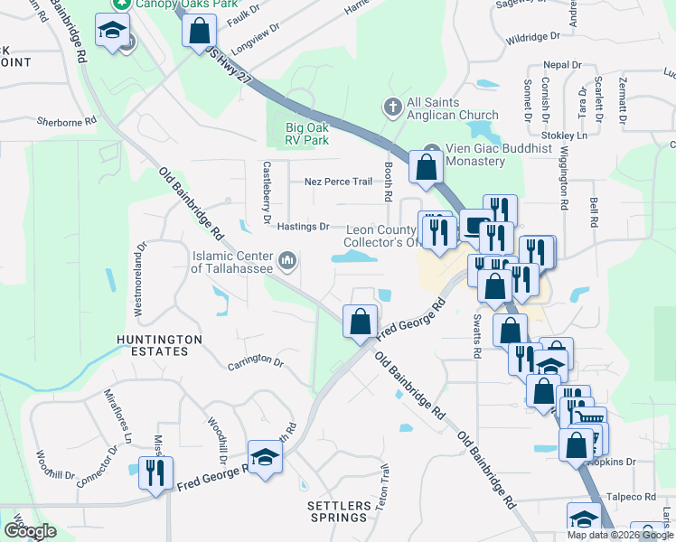 map of restaurants, bars, coffee shops, grocery stores, and more near 2652 Fenwood Court in Tallahassee