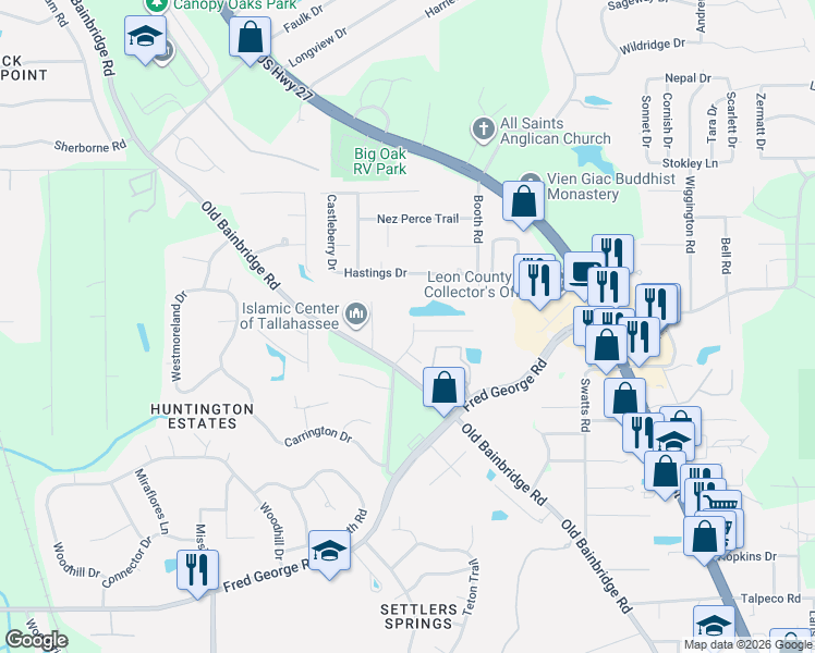 map of restaurants, bars, coffee shops, grocery stores, and more near 3701 Marsh Road in Tallahassee