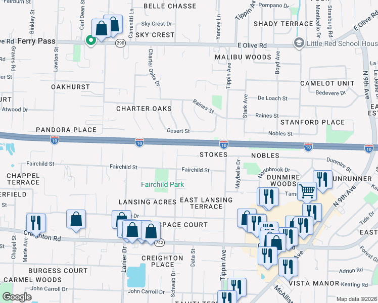 map of restaurants, bars, coffee shops, grocery stores, and more near 2110 University Street in Pensacola