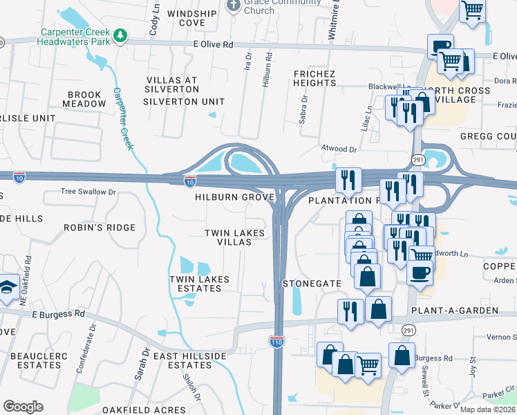 map of restaurants, bars, coffee shops, grocery stores, and more near 177 Hilburn Court in Pensacola