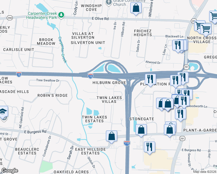 map of restaurants, bars, coffee shops, grocery stores, and more near 443 Hilburn Lane in Pensacola