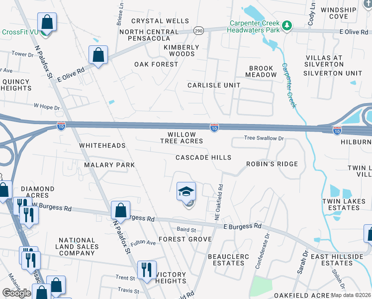 map of restaurants, bars, coffee shops, grocery stores, and more near 192 Creekview Drive in Pensacola