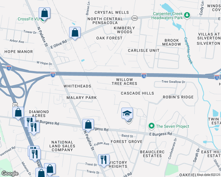 map of restaurants, bars, coffee shops, grocery stores, and more near 173 Creekview Drive in Pensacola