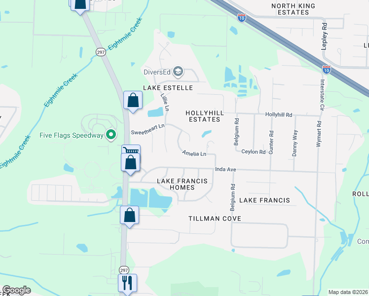 map of restaurants, bars, coffee shops, grocery stores, and more near 2369 Amelia Lane in Pensacola
