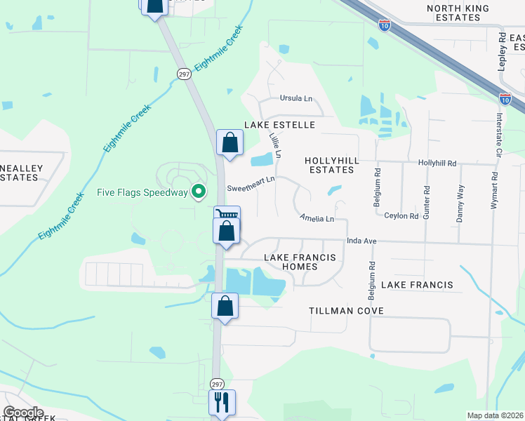 map of restaurants, bars, coffee shops, grocery stores, and more near 7415 Lillie Lane in Pensacola