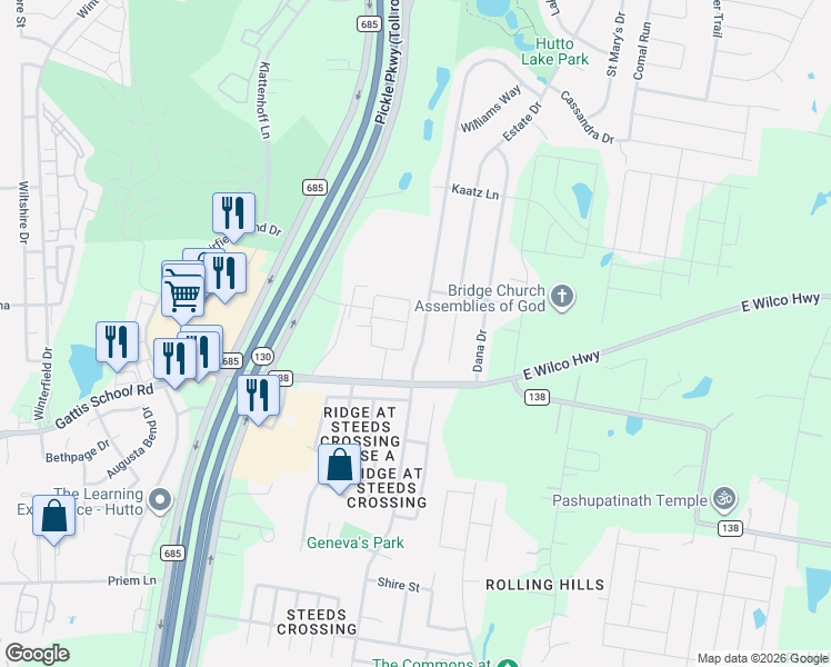 map of restaurants, bars, coffee shops, grocery stores, and more near 281 County Road 138 in Hutto