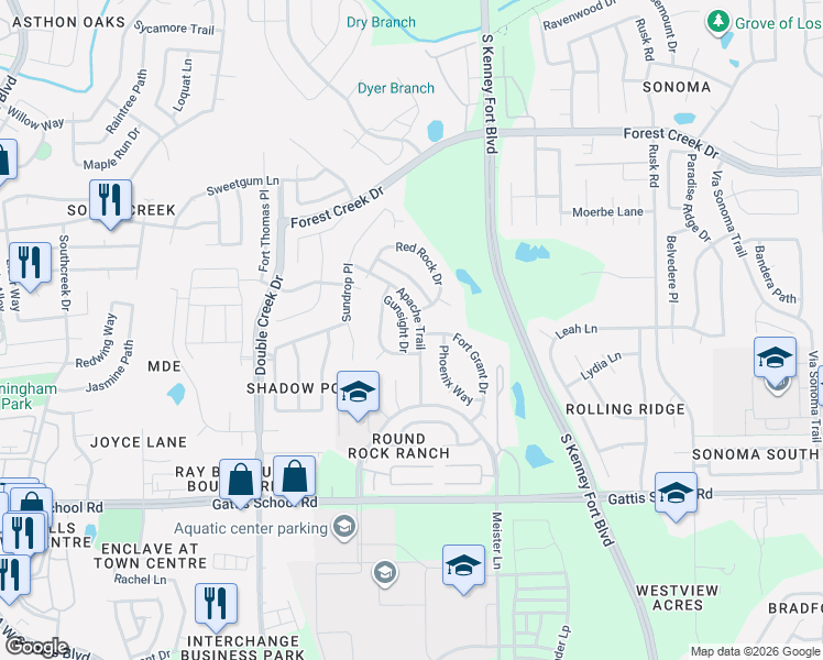 map of restaurants, bars, coffee shops, grocery stores, and more near 1809 Gunsight Drive in Round Rock