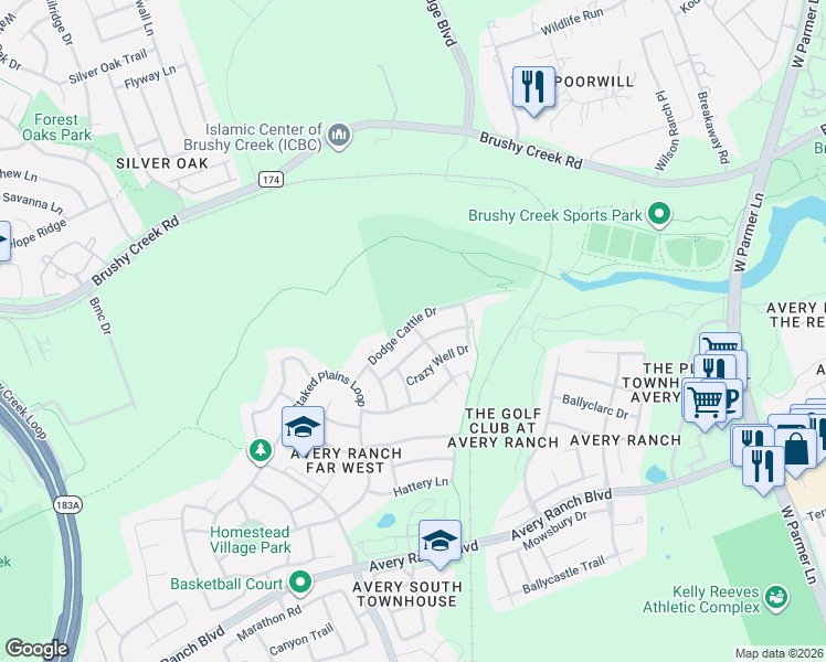 map of restaurants, bars, coffee shops, grocery stores, and more near 11125 Dodge Cattle Drive in Austin